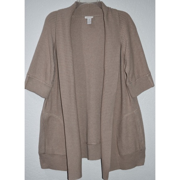 Chicos Cardigan 3/XL Open Front Short Sleeve Knit Sweater Tan Natural Lagenlook - Picture 15 of 16